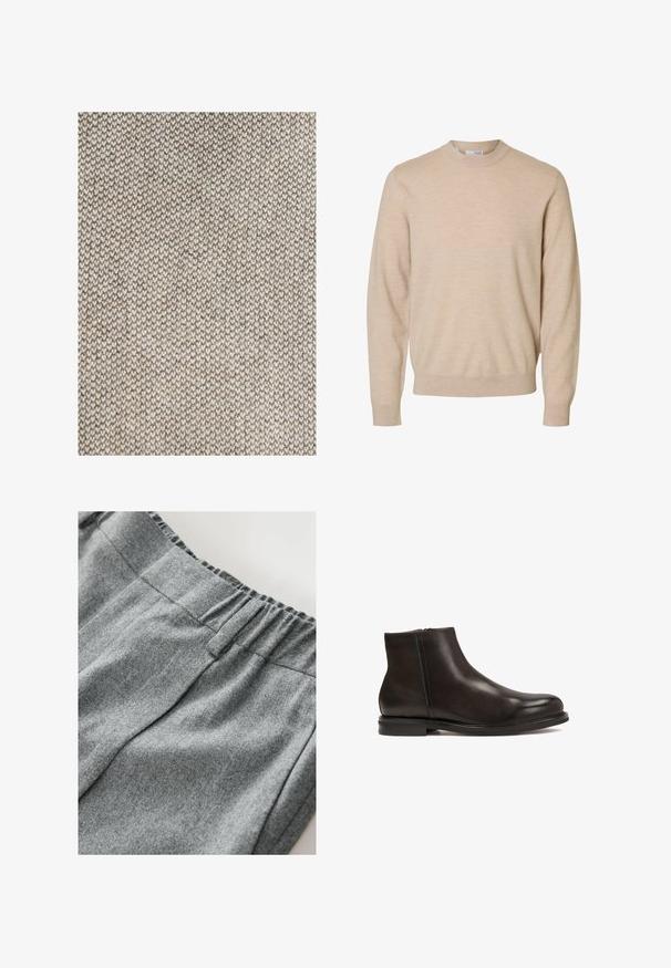 Texturiertem Stoff in Beigetönen und hellbraun, mit einer engen Webart und kleinen, einheitlichen Mustern, was zu einer weichen, robusten Oberfläche führt.; Beiger Langarmpullover mit Rundhalsausschnitt aus weichem Strickstoff, mit gerippten Bündchen und Saum, für Herren entworfen.; Grauer Sweatshirtstoff mit weicher Textur, ausgestattet mit einem elastischen Bund und dezenten Nähten. Nahaufnahme des Materials.; Schwarze Leder-Ankle-Boots mit glatter Textur, runder Zehenform und niedrigem Absatz. Verfügt über einen seitlichen Reißverschluss für einfaches An- und Ausziehen.