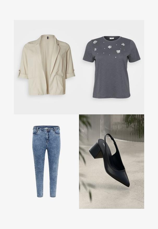 Beiger, taillierter Blazer aus leichtem Stoff, mit Reverskragen, hochgerollten Ärmeln und zwei vorderen Taschen. Glatte Textur.; Graues Baumwoll-T-Shirt mit kurzen Ärmeln, verziert mit metallischen Blumenapplikationen und Pailletten, die auf der Vorderseite angeordnet sind. Weiche Textur, lässige Passform.; Blaue Skinny Jeans aus Denim mit hoher Taille, fünf Taschen und einem Reißverschluss. Der Stoff hat eine leicht ausgewaschene Textur mit kontrastierenden Nähten.; Schwarze Leder-Slingback-Pumps mit spitzem Zehenbereich und Blockabsatz. Glatte Textur, minimalistisches Design und verstellbarer Knöchelriemen.