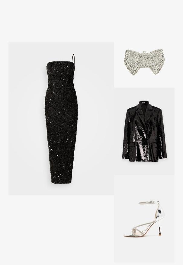 Blazer noir en sequins avec des manches longues, un col à revers, deux poches avant et une doublure intérieure lisse. Texture de surface brillante.; Jarlo CLEMENT - Robe de cocktail - black; Sandale à talons hauts en argent avec un design à lanières, en matériau scintillant, accents en strass et une fine bride à la cheville. Bout carré et talon poli.; Pochette en forme de nœud en ton argent, ornée de strass transparents et d'un fermoir en cristal sur le dessus.