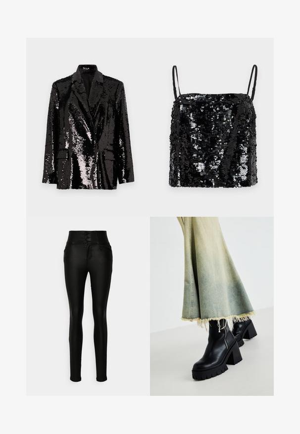 Zwarte sequin blazer met lange mouwen, een notch-kraag, twee voorzakken en een gladde binnenvoering. Glanzende oppervlakte textuur.; Zwarte pailletten top met dunne verstelbare bandjes, voorzien van een vierkante halslijn en een gestructureerd oppervlak door overlappende pailletten.; Vero Moda Tall VMDONNA SKINNY PANTS - Jeans Skinny Fit - black; Zwarte leren enkelboots met een chunky, textuurgegeven zool, gecombineerd met een vervaagde denimrok met rafelige randen. Ritsdetail aan de zijkant.
