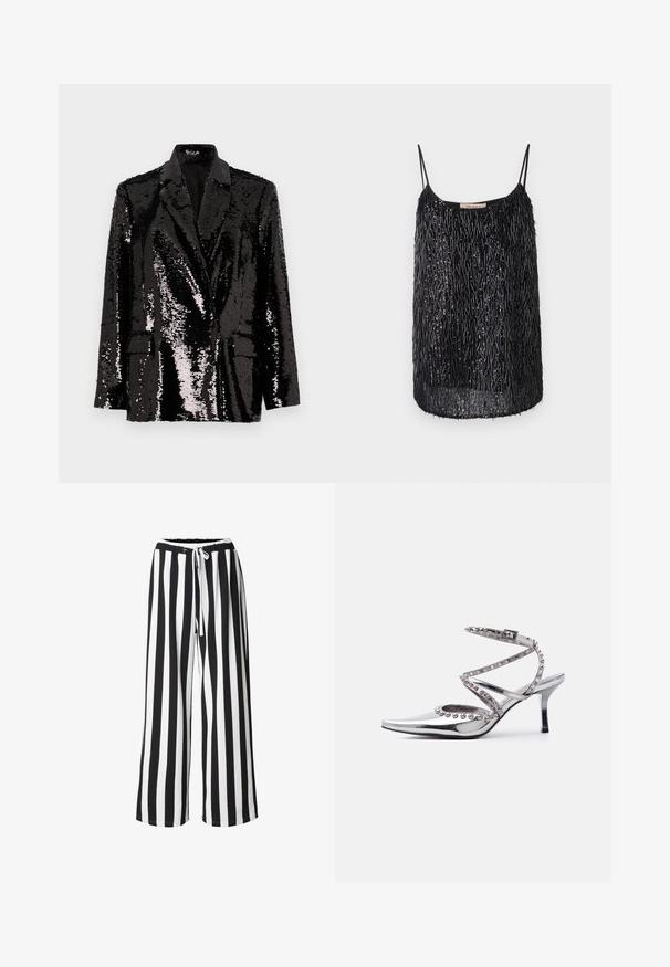 Blazer noir en sequins avec des manches longues, un col à revers, deux poches avant et une doublure intérieure lisse. Texture de surface brillante.; Haut sans manches noir avec une coupe ample, présentant un design à franges texturé et des sequins, ajoutant de la profondeur et de l'éclat au tissu.; Pantalon à jambes larges avec des rayures verticales noires et blanches et un cordon blanc à la taille élastique.; Chaussure à talon haut argentée à bout pointu avec bride à la cheville et clous décoratifs en forme de boules argentées sur les lanières et les bords, sur fond blanc.