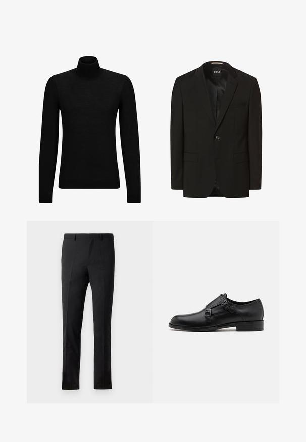 Sort blazer med spidse lapeller, enkelt knaplukning, to frontlommer, glat tekstur og indre foring. Mærke: BOSS.; Sort turtleneck sweater lavet af blødt materiale, med lange ærmer og en tætsiddende pasform. Ribbet trim ved kanten og manchetter. Simpelt design.; Sorte bukser med en skræddersyet pasform, der har en flad front, to pressefolder, bæltestropper og en glat overflade. Ingen synlige mønstre eller beslag.; Sort læderherresko med dobbelte spænder, slank silhuet og rund tå. Har en lav hæl og glat tekstur.