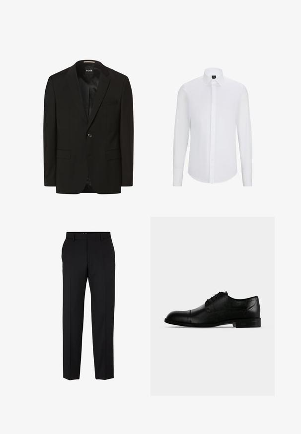 Zwarte blazer met een gesneden revers, enkele knoopsluiting, twee voorkruimelzakken, een gladde textuur en binnenvoering. Merkenlabel: BOSS.; Witte langemouw overhemd met knopen en een spitse kraag, gemaakt van gladde stof, met een voorflap en een ronde zoom.; Zwarte broek met een getailleerde pasvorm, rechte benen, riemlussen en zonder zichtbare patronen of versieringen. Klassiek ontwerp.; Zwarte leren formele herenschoen Oxford met gesloten vetersluiting, kapneus en lage gestapelde hak, gezien vanaf de buitenkant.