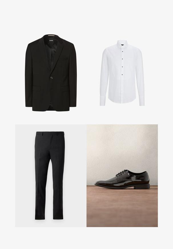 Blazer negro con solapas de muesca, cierre de botón único, dos bolsillos frontales, textura suave y forro interior. Etiqueta de la marca: BOSS.; Camisa blanca de manga larga con un panel frontal curvado, botones negros en el centro y un cuello clásico. Textura de tela suave.; Pantalones negros con un corte ajustado, que presentan un frente plano, dos pliegues, pasadores para cinturón y una textura suave. Sin patrones ni accesorios visibles.; Zapato de vestido de charol negro con puntera redondeada, diseño de cordones y superficie lisa y brillante. Cuenta con una suela de goma de perfil bajo.