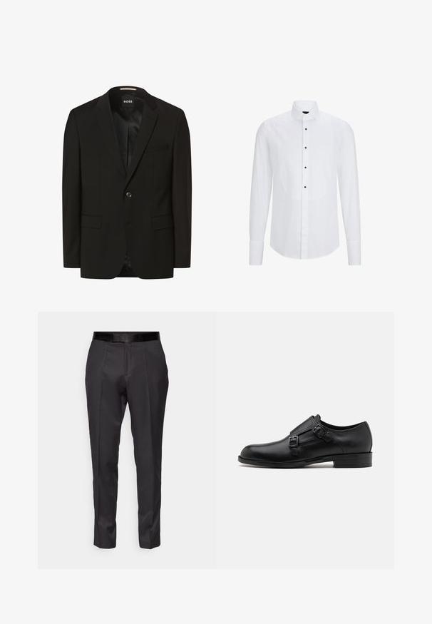 Zwarte blazer met een gesneden revers, enkele knoopsluiting, twee voorkruimelzakken, een gladde textuur en binnenvoering. Merkenlabel: BOSS.; Witte langwerpige overhemd met een gebogen voorpaneel, zwarte knopen in het midden en een klassieke kraag. Gladde stofstructuur.; Zwarte op maat gemaakte broek met een slim fit, platte voorkant en subtiele glans. Het heeft een gladde zwarte tailleband en kreukdetails langs de benen.; Zwarte leren dresschoen met dubbele gespen, slank silhouet en ronde neus. Kenmerkt zich door een lage hak en een gladde textuur.