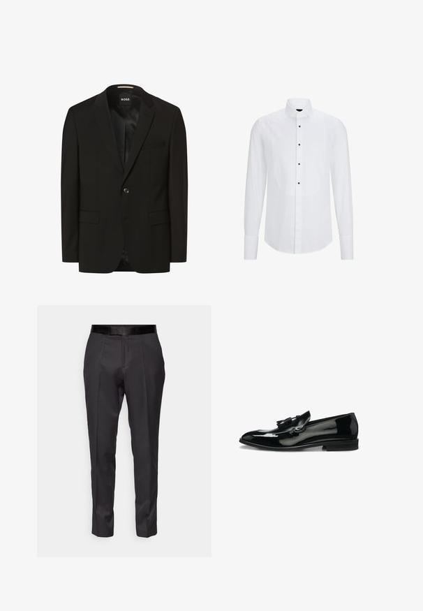 Blazer negro con solapas de muesca, cierre de botón único, dos bolsillos frontales, textura suave y forro interior. Etiqueta de la marca: BOSS.; Camisa blanca de manga larga con un panel frontal curvado, botones negros en el centro y un cuello clásico. Textura de tela suave.; Pantalones negros ajustados con un corte slim, frente plano y un brillo sutil. Presentan una cinturilla negra suave y detalles de pliegue a lo largo de las piernas.; Mocasín negro de cuero brillante con borlas, tacón bajo y punta redondeada, mostrado de lado sobre fondo blanco.
