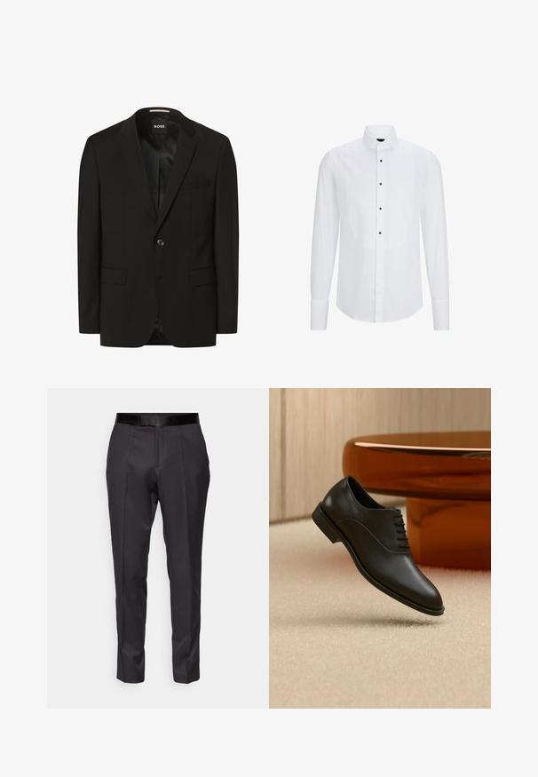 Sort blazer med spidse lapeller, enkelt knaplukning, to frontlommer, glat tekstur og indre foring. Mærke: BOSS.; Hvid langærmet skjorte med et buet frontpanel, sorte knapper ned langs midten og en klassisk krave. Glat stofstruktur.; Sorte skræddersyede bukser med slim fit, flad front og diskret glans. Har en glat sort talje og kantdetaljer langs benene.; Sort poleret læder snøresko til fest, der svæver over beige tæppe, med stort rundt glasbord i ravfarve i baggrunden.