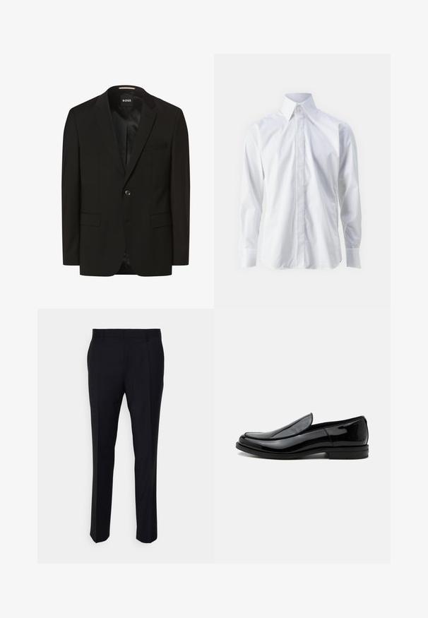 Blazer noir avec un col cranté, fermeture à un bouton, deux poches avant, texture lisse et doublure intérieure. Étiquette de la marque : BOSS.; Chemise blanche à manches longues en tissu lisse, dotée d'un col classique, d'une fermeture à boutons et d'un logo brodé discret en bas à gauche.; Pantalon noir en tissu tissé, à coupe ajustée, avec un devant plat, des poches latérales et une coupe droite.; Chaussure de ville noire en cuir brillant à enfiler, avec talon bas et bout arrondi, vue de côté sur fond blanc uni.