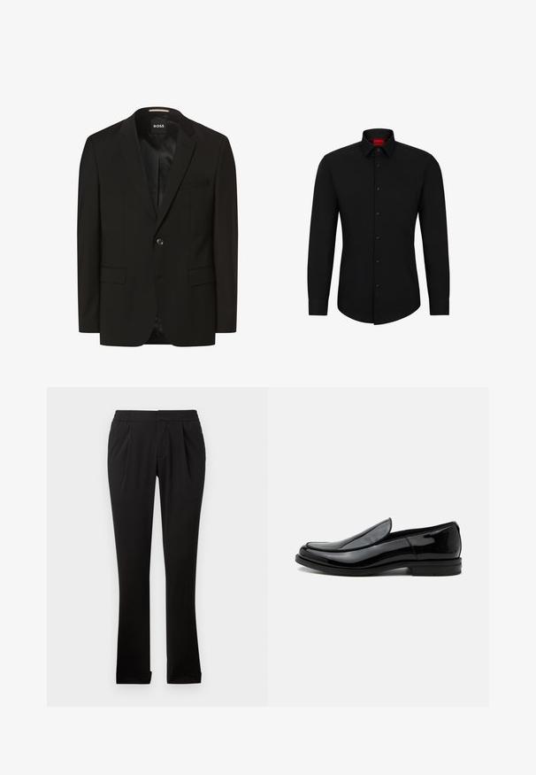 Sort blazer med spidse lapeller, enkelt knaplukning, to frontlommer, glat tekstur og indre foring. Mærke: BOSS.; Sort langærmet skjorte med knaplukning foran, klassisk krave og rundet kant; har sorte knapper og et rødt logo indeni kraven.; Sorte bukser lavet af glat stof med elastisk talje, lige ben, frontfolder og opretstående sømme. Enkel og alsidig design.; Sort blankt læder slip-on selskabssko med lav hæl og rundet tå set fra siden på hvid baggrund.