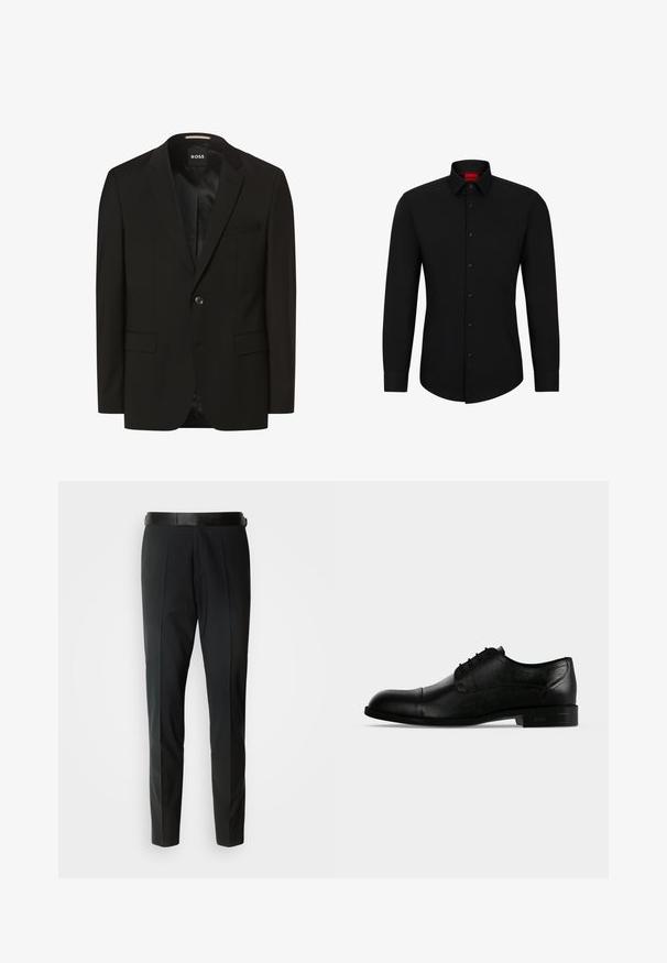 Blazer negro con solapas de muesca, cierre de botón único, dos bolsillos frontales, textura suave y forro interior. Etiqueta de la marca: BOSS.; Camisa negra de manga larga con botón frontal, cuello clásico y dobladillo redondeado; cuenta con botones negros y un logotipo rojo en el interior del cuello.; Pantalones negros ajustados con una textura suave, que cuentan con un frente plano, sutiles pliegues y un delgado cinturón negro.; Zapato masculino formal oxford de piel negra con cordones cerrados, puntera con tapa y tacón bajo apilado, mostrado desde el lado exterior.