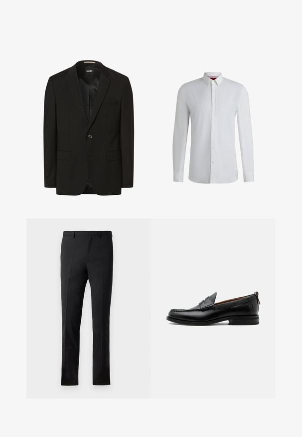 Blazer noir avec un col cranté, fermeture à un bouton, deux poches avant, texture lisse et doublure intérieure. Étiquette de la marque : BOSS.; Chemise blanche à manches longues avec un col boutonné, présentant une texture lisse, une coupe droite et un détail subtil le long de la patte de boutonnage.; Pantalons noirs à coupe ajustée, avec un devant plat, deux plis, des passants de ceinture et une texture lisse. Aucune motif ou métal visible.; Mocassin homme en cuir noir avec couture moc toe, bride penny, col texturé et petit talon empilé sur fond blanc.