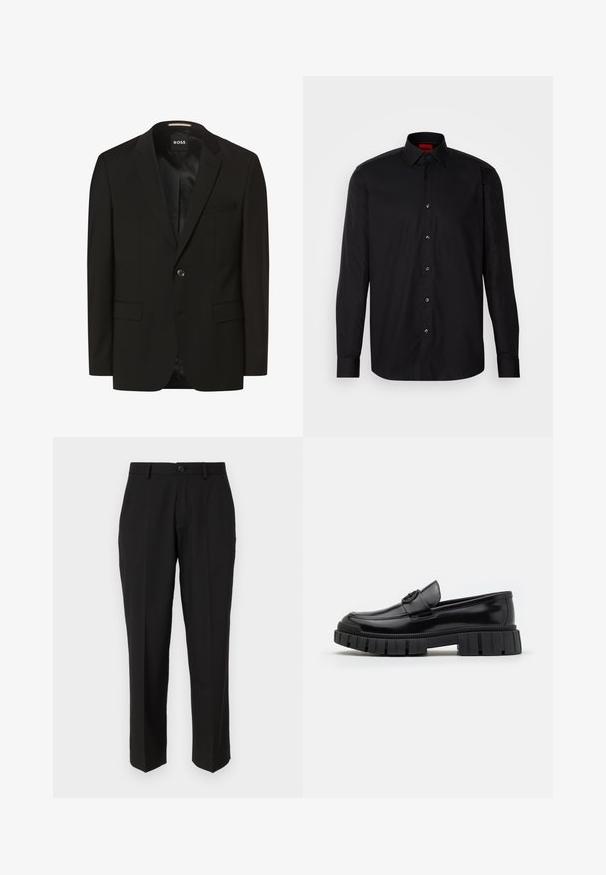 Blazer negro con solapas de muesca, cierre de botón único, dos bolsillos frontales, textura suave y forro interior. Etiqueta de la marca: BOSS.; Camisa negra de manga larga hecha de una tela suave, con un cuello clásico con tapa, cierre frontal de botones y un ajuste entallado.; Pantalones negros de tela suave, con un diseño de pierna recta, bolsillos delanteros, un cierre de botón y sin patrones visibles.; Mocasines de cuero negro con suelas de goma gruesas y estriadas. Presentan una puntera redondeada y una correa decorativa con un acento de logo. Textura lisa.