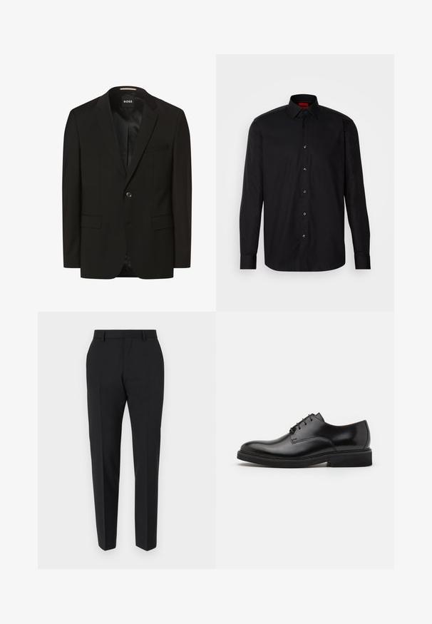 Schwarzer Blazer mit Reverskragen, einem Knopfverschluss, zwei Fronttaschen, glatter Textur und Innenfutter. Markenlabel: BOSS.; Schwarzes Langarmhemd aus glattem Stoff, mit klassischem Kragen, Knopfverschluss vorne und taillierter Passform.; Schwarze Hose mit maßgeschneidertem Design, flacher Vorderseite, Faltendetails und schlanker Passform. Aus einem glatten Stoff für einen eleganten Look.; Schwarze Lederhalbschuhe mit runder Zehenform, fünf Ösen für Schnürsenkel, glatter Oberfläche und einer flachen Gummisohle.