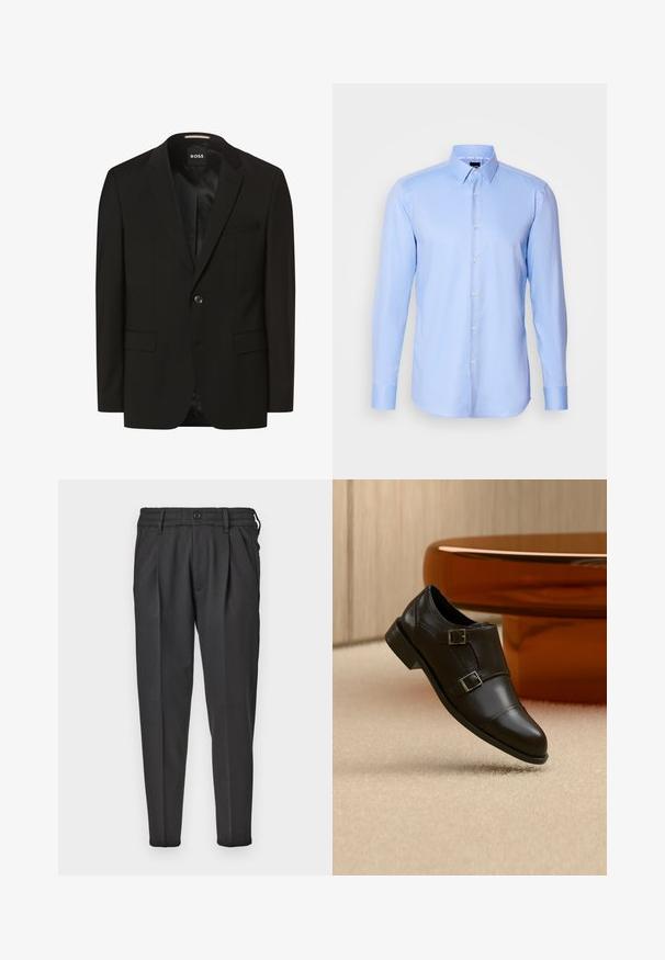 Zwarte blazer met een gesneden revers, enkele knoopsluiting, twee voorkruimelzakken, een gladde textuur en binnenvoering. Merkenlabel: BOSS.; Lichtblauwe langemouwen overhemden van gestructureerde stof met een puntkraag en klassieke knoopsluiting aan de voorkant.; Zwarte broek van gladde stof, met een geplooide voorkant, elastische tailleband en rechte pijpen met een taps toelopende onderkant.; Zwarte leren dubbele monkstrap-schoen zwevend boven een beige tapijt, met gebogen bruine meubels op de achtergrond.