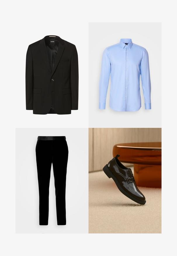 Schwarzer Blazer mit Reverskragen, einem Knopfverschluss, zwei Fronttaschen, glatter Textur und Innenfutter. Markenlabel: BOSS.; Himmelblaues langärmliges Hemd mit Knopfleiste, aus strukturiertem Stoff, mit spitzem Kragen und klassischem Knopfverschluss auf der Vorderseite.; Schwarze Samthosen mit tailliertem Schnitt, glatter Textur und passendem Bund. Verfügt über gerade Beine und Seitentaschen.; Schwarzer glänzender Lederschnürschuh, der über einem beigen Teppich mit einem glänzenden braunen runden Tisch im Hintergrund schwebt.