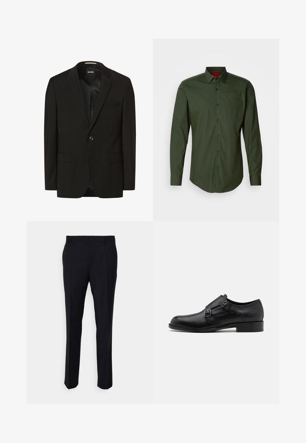 Schwarzer Blazer mit Reverskragen, einem Knopfverschluss, zwei Fronttaschen, glatter Textur und Innenfutter. Markenlabel: BOSS.; Dunkelgrünes Langarmhemd aus glattem Baumwollstoff mit einem klassischen Kragen, schwarzen Knöpfen und einem abgerundeten Saum. Rotes Markenlogo am Kragen.; Schwarze Hose aus gewebtem Stoff, mit taillierter Passform, flachem Bund, seitlichen Taschen und geradem Bein.; Schwarze Leder- Schnürschuhe mit doppelten Schnallen, schlanker Silhouette und runder Zehenpartie. Sie verfügen über einen niedrigen Absatz und eine glatte Textur.