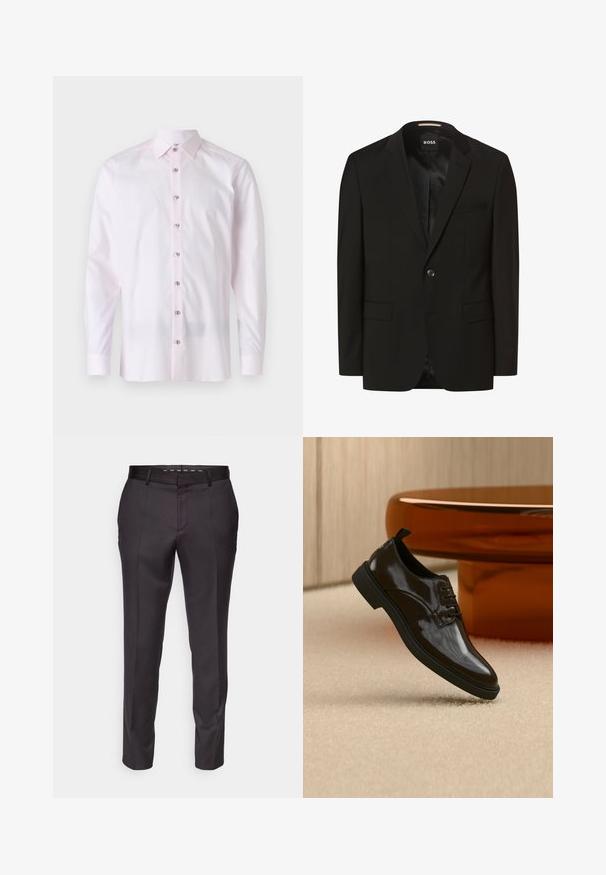 Blazer noir avec un col cranté, fermeture à un bouton, deux poches avant, texture lisse et doublure intérieure. Étiquette de la marque : BOSS.; Chemise à manches longues rose clair en tissu lisse. Dotée d'un col pointu et d'une fermeture à boutons à l'avant avec des boutons contrastés.; Pantalons noirs sur mesure avec une texture lisse, un design structuré et des plis à l'avant. Ils présentent une jambe droite et une taille ajustée.; Chaussure habillée noire brillante en cuir à lacets flottant au-dessus d'un tapis beige avec une table ronde marron brillante en arrière-plan.