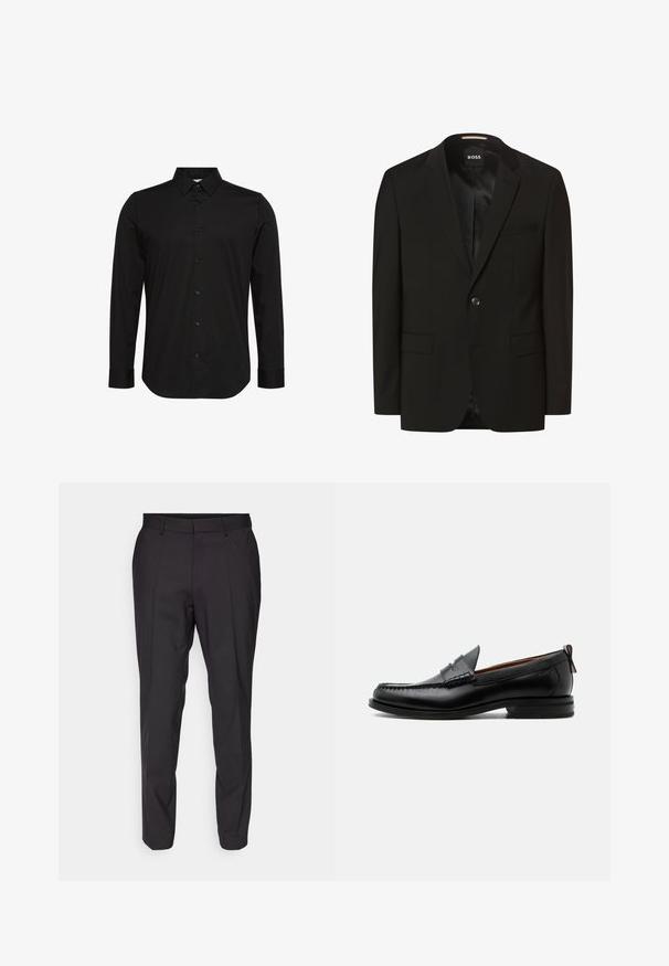 Blazer negro con solapas de muesca, cierre de botón único, dos bolsillos frontales, textura suave y forro interior. Etiqueta de la marca: BOSS.; Camisa negra de manga larga hecha de tela suave, con un cuello puntiagudo, cierre frontal con botones y un pequeño logo en el pecho.; Pantalones negros ajustados de corte recto, con un frente plano, pasadores para cinturón y una textura suave. Sin patrones ni acentos visibles.; Mocasín de hombre de piel negra con costura moc toe, tira penny, cuello texturizado y tacón bajo apilado sobre fondo blanco.