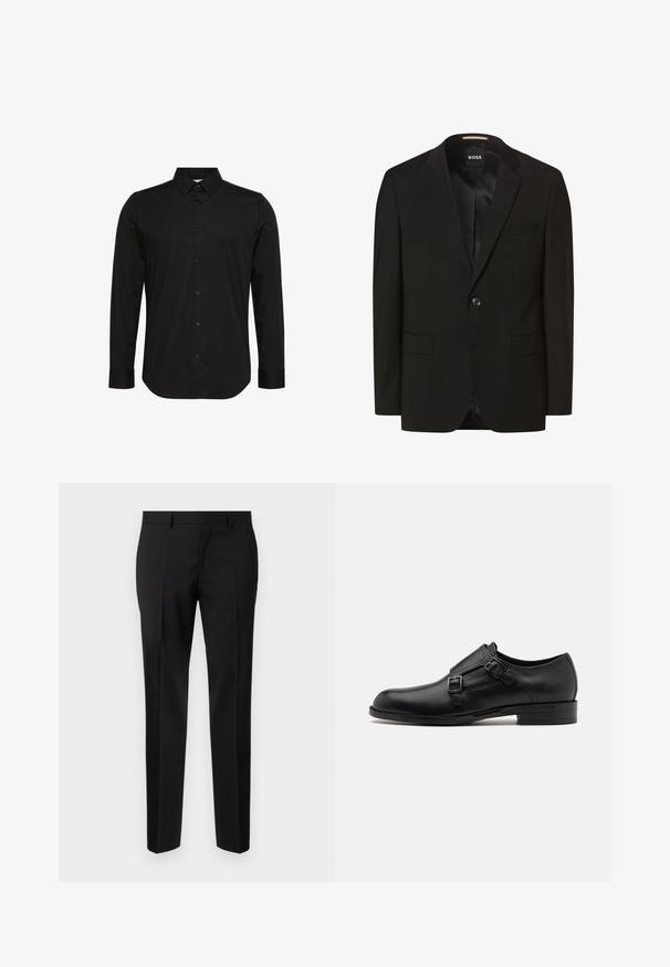 Zwarte blazer met een gesneden revers, enkele knoopsluiting, twee voorkruimelzakken, een gladde textuur en binnenvoering. Merkenlabel: BOSS.; Zwart lang shirt met lange mouwen van gladde stof, met een spitse kraag, knoopsluiting aan de voorkant en een klein logo op de borst.; Zwarte op maat gemaakte broeken van een gladde stof, met een rechte pijp, verfijnde plooidetails en een klassieke tailleband met riemlussen.; Zwarte leren dresschoen met dubbele gespen, slank silhouet en ronde neus. Kenmerkt zich door een lage hak en een gladde textuur.
