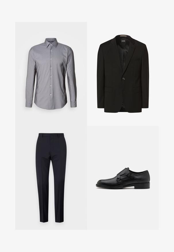 Schwarzer Blazer mit Reverskragen, einem Knopfverschluss, zwei Fronttaschen, glatter Textur und Innenfutter. Markenlabel: BOSS.; Graues Langarm-Hemd mit Knopfleiste, strukturiertem Kragen, vorderer Knopfleiste und glatter Textur. Hat eine leicht taillierte Passform.; Marineblaue maßgeschneiderte Hosen, mit flachem Frontschnitt, slim fit, mit Gürtelschlaufen und Seitentaschen. Glattes Material mit einem klaren Finish, ohne sichtbare Muster oder Akzente.; Schwarze Leder- Schnürschuhe mit doppelten Schnallen, schlanker Silhouette und runder Zehenpartie. Sie verfügen über einen niedrigen Absatz und eine glatte Textur.