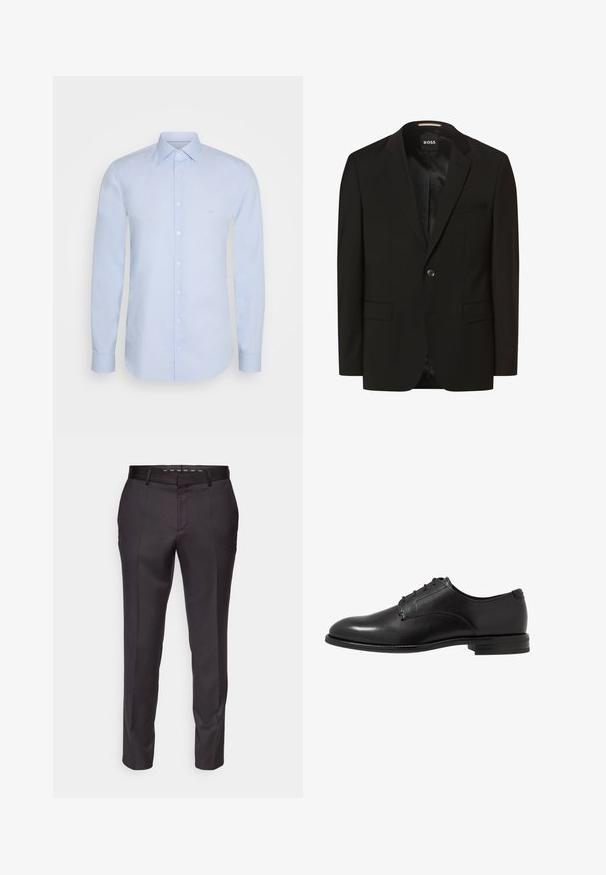 Zwarte blazer met een gesneden revers, enkele knoopsluiting, twee voorkruimelzakken, een gladde textuur en binnenvoering. Merkenlabel: BOSS.; Lichtblauw langslowel shirt van soepel katoen, met een klassieke kraag, knoopsluiting en subtiele branding op de borst.; Maatwerk zwarte broeken met een gladde textuur, gestructureerd ontwerp en voorplooien. Heeft een rechte pijp en een aansluitende tailleband.; Zwarte leren dresschoen met een gladde afwerking, ronde neus, zes oogjes en een lage gestapelde hak. Eenvoudig, klassiek ontwerp.