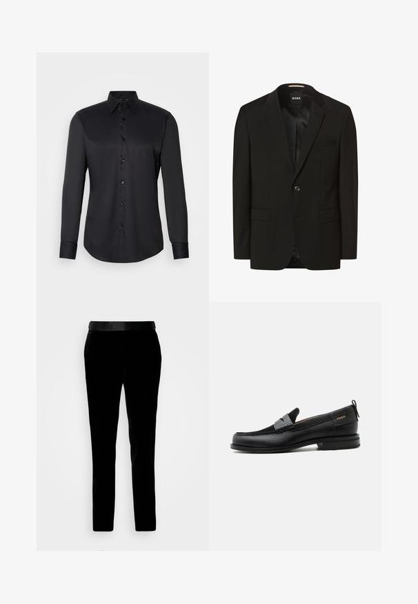 Schwarzer Blazer mit Reverskragen, einem Knopfverschluss, zwei Fronttaschen, glatter Textur und Innenfutter. Markenlabel: BOSS.; Schwarze Hemdbluse aus glattem Stoff, mit klassischem Kragen, langen Ärmeln und Knopfverschluss auf der Vorderseite.; Schwarze Samthosen mit tailliertem Schnitt, glatter Textur und passendem Bund. Verfügt über gerade Beine und Seitentaschen.; Schwarzer Lederloafer mit grauem Riemendetail, niedrigem Absatz und strukturierter Sohle, seitlich mit „HUGO“ in Gold gebrandmarkt.