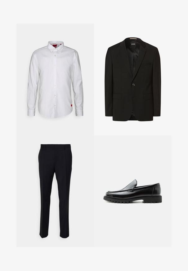 Blazer noir avec un col cranté, fermeture à un bouton, deux poches avant, texture lisse et doublure intérieure. Étiquette de la marque : BOSS.; Chemise blanche à manches longues avec un col boutonné, fabriquée en tissu léger. Présente une étiquette de marque discrète en rouge sur le bas.; Pantalon noir en tissu tissé, à coupe ajustée, avec un devant plat, des poches latérales et une coupe droite.; Mocassin en cuir noir avec semelle en caoutchouc épaisse, dessus cousu et nom de marque embossé sur le talon, présenté de profil sur fond blanc.