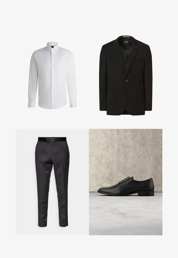Blazer negro con solapas de muesca, cierre de botón único, dos bolsillos frontales, textura suave y forro interior. Etiqueta de la marca: BOSS.; Camisa blanca de manga larga hecha de algodón suave, con un cuello clásico, botonera completa y puños abotonados. Diseño minimalista.; Pantalones negros a medida con una textura suave, perneras ajustadas y una cintura delgada. Presenta plisados en la parte delantera y un diseño minimalista.; Zapato de vestir de cuero negro con un diseño elegante, punta redonda, cinco ojales para los cordones y un pequeño tacón elevado. Detalle de logo sutilmente embossado.