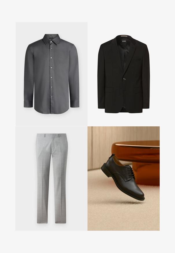 Blazer negro con solapas de muesca, cierre de botón único, dos bolsillos frontales, textura suave y forro interior. Etiqueta de la marca: BOSS.; Camisa de vestir para hombre de manga larga en gris oscuro con cuello puntiagudo y botones delanteros, mostrada sobre un fondo gris claro.; Pantalones gris ajustados hechos de una tela suave, con un fino patrón de cuadros, piernas rectas y lazos para cinturón. Sin bolsillos visibles.; Zapato de vestir para hombre de cuero negro con cordones flotando sobre una alfombra beige, con una mesa de café redonda marrón en el fondo.