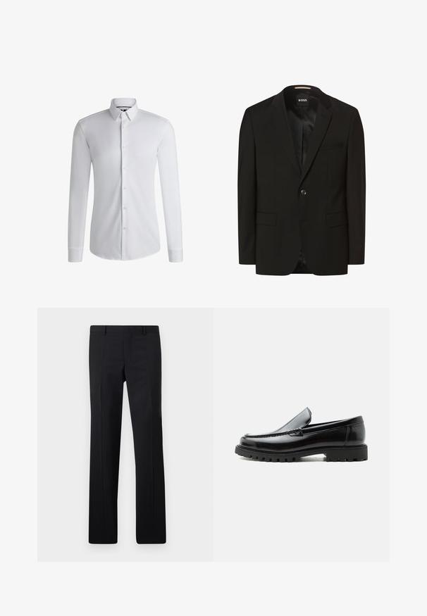 Sort blazer med spidse lapeller, enkelt knaplukning, to frontlommer, glat tekstur og indre foring. Mærke: BOSS.; Langærmet hvid skjorte lavet af glat stof, med en krave med knapper og en række knapper foran. Enkelt design.; Sorte skræddersyede bukser med et lige ben design, skarpe folder og en glat overflade. Fremstillet af letvægtsstof med en ren talje.; Sort læderloafer med chunky gummisål, syet overdel og præget mærkenavn på hælen, vist i sideprofil på hvid baggrund.