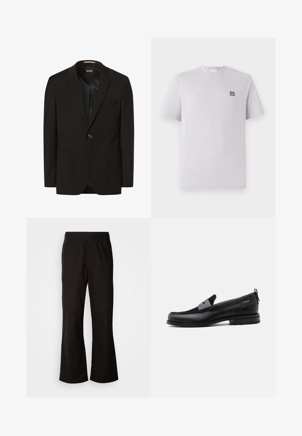 Sort blazer med spidse lapeller, enkelt knaplukning, to frontlommer, glat tekstur og indre foring. Mærke: BOSS.; Lys lavendelfarvet kortærmet t-shirt lavet af bomuld med rund hals og et lille mørkt logo-patch på venstre bryst. Glat tekstur.; Sorte bukser med elastisk talje og n tapered form, lavet af glat bomuldsstof. Har et enkelt design og lige benåbninger.; Sort læderloafer med grå remdetalje, lav hæl og tekstureret sål, mærket med "HUGO" i guld på siden.