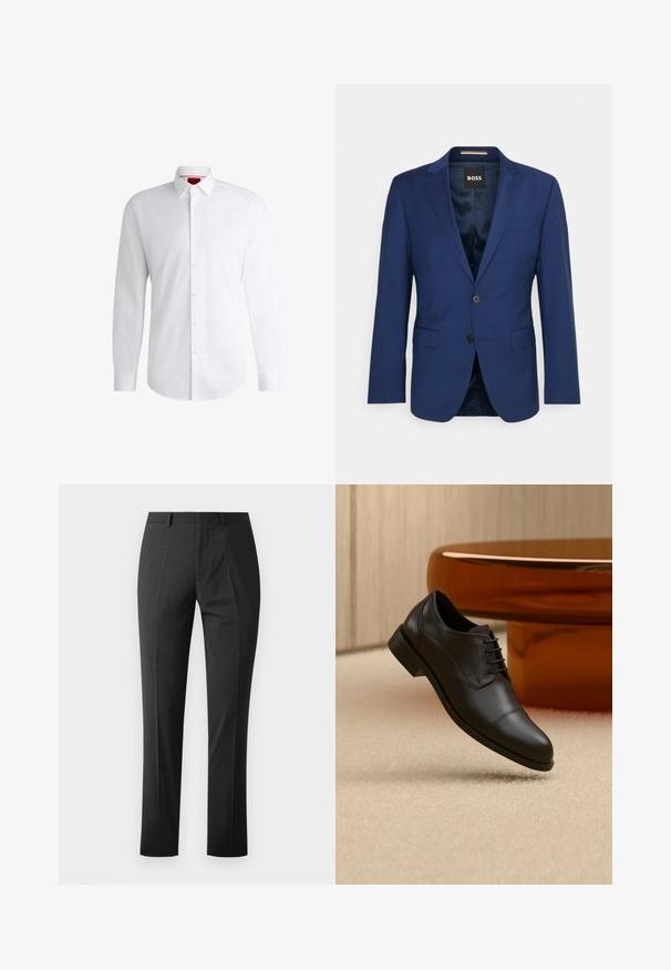 Navy blazer made of smooth fabric, featuring a notched lapel, single button closure, and two front pockets. Interior is lined.; White button-up shirt made of smooth fabric with a classic collar, long sleeves, and a curved hem. Features beige buttons on the front.; Tailored dark gray trousers with a smooth texture, slim fit, flat front, and standard waistband. Features pressed creases and no visible patterns.; Black leather formal oxford shoe with laces displayed floating above beige carpet, with a round brown table in the background.