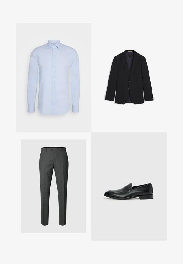 Marineblazer aus strukturiertem Stoff mit klassischem Revers, zwei Vordertaschen und silbernen Knopfdetails. Das Etikett innen trägt die Aufschrift "BOSS".; Helles blaues Langarmshirt aus glattem Baumwollmaterial, ausgestattet mit einem klassischen Kragen, einer Knopfverschluss und dezentem Branding auf der Brust.; Dunkelgraue maßgeschneiderte formelle Hose mit Knopfverschluss und Gürtelschlaufen, vor einem hellgrauen Hintergrund gezeigt.; Schwarzer Herrenschuh aus Leder mit rundem Zehenbereich und niedrigem Absatz, seitlich auf neutralem Hintergrund dargestellt.