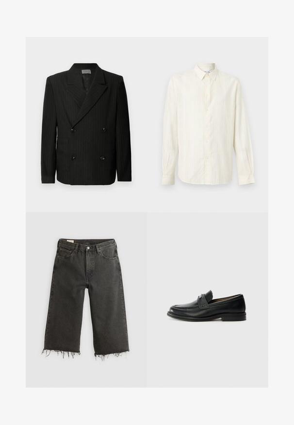 Sort dobbeltradet blazer med diskrete hvide striber, hakkede lapeller, fire sorte knapper og to frontlommer.; Langærmet beige knap-op-skjorte med subtile lodrette striber og spids krave vist på en hvid baggrund.; Sorte jeans med rå kant og vid ben, lavet af denim, og med fem lommer samt metalknaplukning. Texturen er en smule grov.; Sorte læder loafers med en glat finish, der har et tekstureret øverste bånd, lav hæl og minimale syninger.