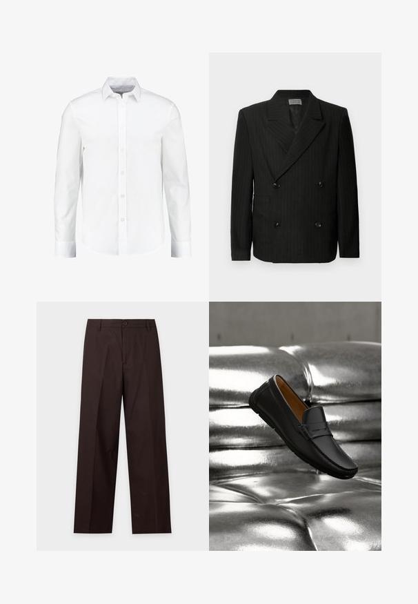 Blazer noir à double boutonnage avec de légères rayures blanches, revers crantés, quatre boutons noirs et deux poches avant.; Chemise blanche à manches longues à boutons, fabriquée en coton lisse. Dotée d'un col classique et d'une fermeture à boutons à l'avant avec un ourlet droit.; Pantalon droit marron foncé avec passants de ceinture, fermeture par bouton et pli sur le devant, présenté sur fond blanc.; Mocassin en cuir noir flottant au-dessus d’un canapé en cuir argenté brillant capitonné avec un éclairage doux.