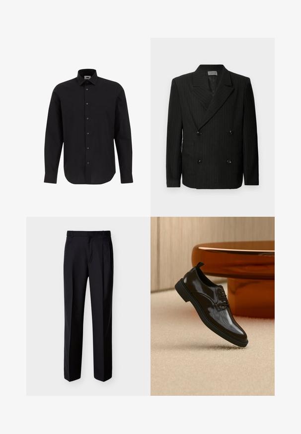 Sort dobbeltradet blazer med diskrete hvide striber, hakkede lapeller, fire sorte knapper og to frontlommer.; Sort langærmet skjorte med knapper lavet af vævet stof, med klassisk krave, lige kant og sorte knapper langs forsiden.; Sorte skræddersyede bukser med lige snit, foldet forstykke og sidelommer. Fremstillet af et glat, let stof med et ensartet mønster.; Sort skinnende læder snøresko flydende over et beige tæppe med et blankt brunt rundt bord i baggrunden.