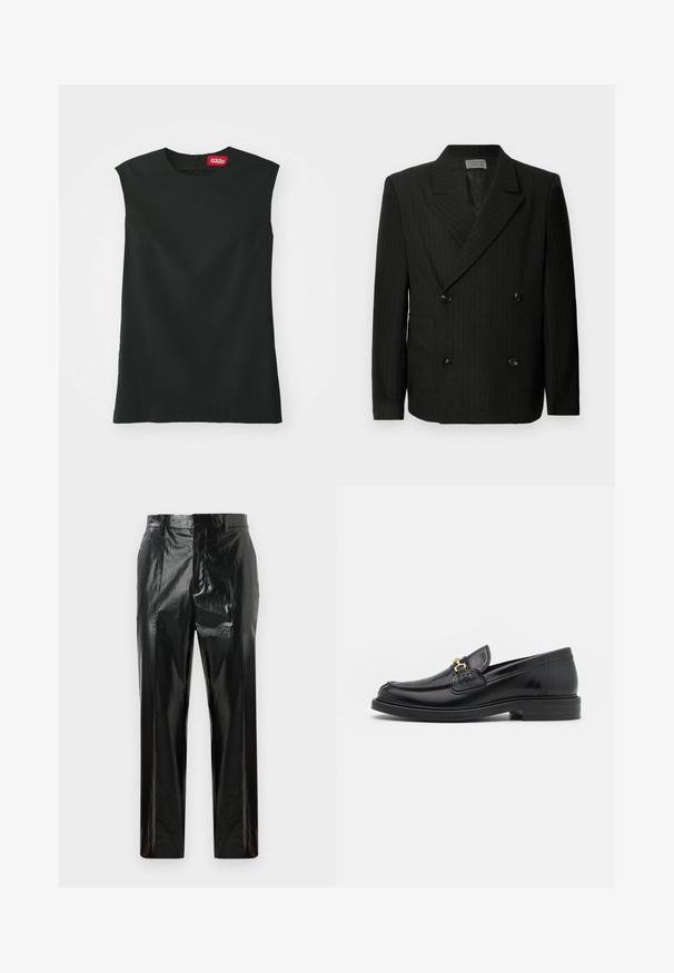 Blazer noir à double boutonnage avec de légères rayures blanches, revers crantés, quatre boutons noirs et deux poches avant.; Un haut sans manches noir avec un col rond, en tissu lisse, et une fermeture éclair au dos. Il présente une petite étiquette rouge avec le logo "032c" au niveau du cou.; Pantalons en vinyle noir brillant à jambes droites, avec passants de ceinture, fermeture frontale dissimulée et détail de pli pressé.; Mocassins en cuir noir avec un embout rond, présentant des accents en métal doré et des détails de couture, montés sur une semelle en caoutchouc texturé et basse.
