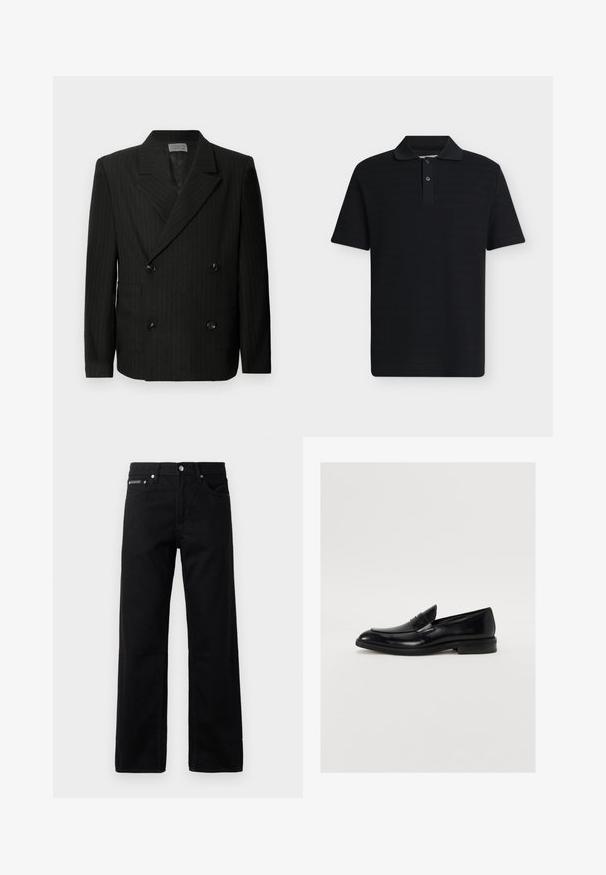 Schwarzer doppelt-knopfblazer mit dezenten weißen Nadelstreifen, Reverskragen, vier schwarzen Knöpfen und zwei Fronttaschen.; Schwarzes Poloshirt mit kurzen Ärmeln, zwei Knöpfen und klassischem Kragen, dargestellt auf einfachem hellgrauem Hintergrund.; Schwarze Denim-Jeans mit geradem Bein, fünf Taschen und einem Logotag auf der Vorderseite, mit Metallbeschlägen und einer glatten Textur.; Schwarze Lederloafers mit runder Zehenform, dezenten Nähten und glatter Oberfläche. Mit einem niedrigen, gestapelten Absatz und einem Riemen über dem Fußteil.