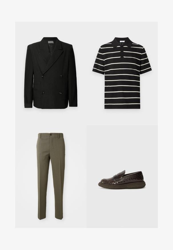 Sort dobbeltradet blazer med diskrete hvide striber, hakkede lapeller, fire sorte knapper og to frontlommer.; Sort kortærmet polo med hvide vandrette striber, tre sorte knapper og en spids krave.; Olivengrønne skræddersyede bukser med en glat overflade, lige bendesign, enkelt foretrukket knap og sidelommer for funktionalitet.; The Antipode COLLEGE PIERCED - Mokkasiner - dark brown