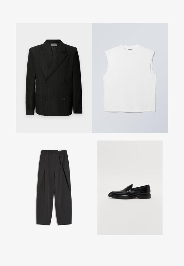 Blazer noir à double boutonnage avec de légères rayures blanches, revers crantés, quatre boutons noirs et deux poches avant.; Haut blanc sans manches en coton à col rond avec épaules structurées, marqué "WEEKDAY" sur l'étiquette du col, présenté sur un fond gris clair.; Pantalon noir taille haute, coupé droit, avec pinces et passants de ceinture, présenté à plat sur un fond blanc.; Mocassin en cuir noir avec une pointe arrondie, des coutures discrètes et une finition lisse. Doté d'un talon bas empilé et d'une sangle sur le cou-de-pied.
