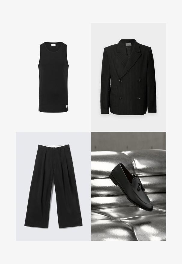 Sort dobbeltradet blazer med diskrete hvide striber, hakkede lapeller, fire sorte knapper og to frontlommer.; Sort ærmeløs tanktop lavet af ribbet stof, med rund halsudskæring og et lille logo på kanten. Simpel, tætsiddende design.; Sorte bukser med vide ben, læg, bæltestropper og en knaplukning, vist mod en lys grå baggrund.; Sort læderloafer med frynser, der svæver over en skinnende metalisk sølvpolstret overflade.