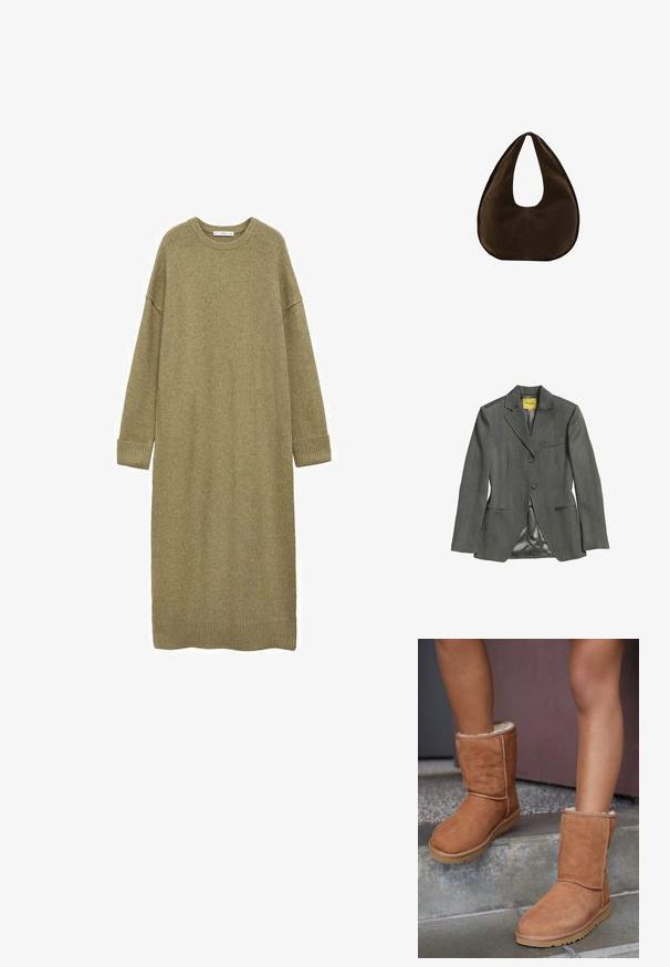 Dunkelgrauer, maßgeschneiderter Blazer mit zwei Knöpfen, drei Fronttaschen und Satinfutter innen, flach auf weißem Hintergrund ausgelegt.; Strickkleid in Olivgrün, knielang, mit lockerer Passform, rundem Ausschnitt und langen Ärmeln. Verfügt über gerippte Bündchen und Saum. Weiche Textur.; Braune Wildleder-Stiefeletten mit runder Spitze, weicher Innenausstattung und Gummisohle, die über sichtbare Nähte entlang der Nähte verfügen.; Dunkelbraune Wildleder-Handtasche in Halbmondform mit einem breiten Riemen und glatter Textur vor weißem Hintergrund.