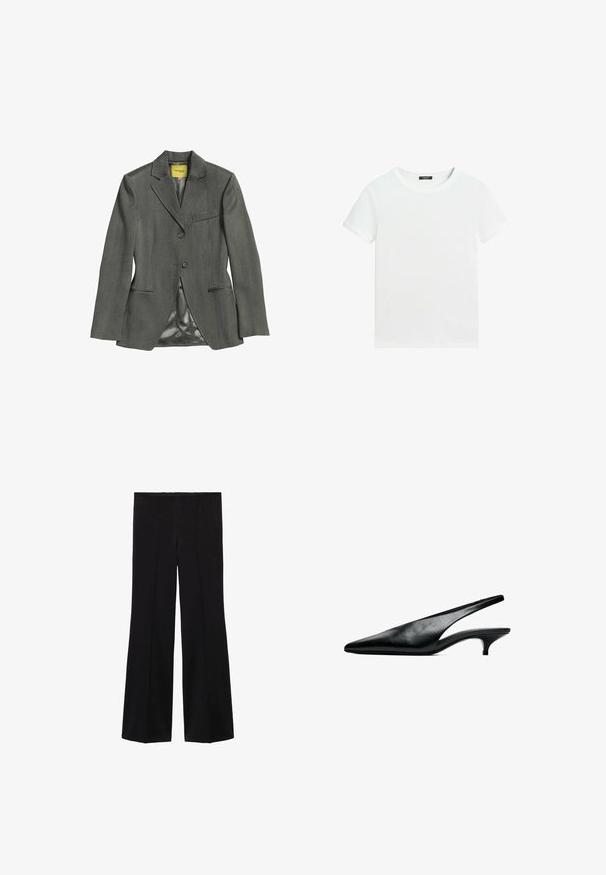 Mørkegrå skræddersyet blazer med to knapper, tre forlommer og satinforing indeni, lagt fladt på en hvid baggrund.; Almindelig hvid T-shirt med korte ærmer, rund halsudskæring og lille sort label inden i kraven.; Sorte højtaljede bukser med brede ben og for- søm detaljer, lavet af et glat stof.; Sort læder slingback kitten heel sko med spids tå og lav buet hæl på hvid baggrund.
