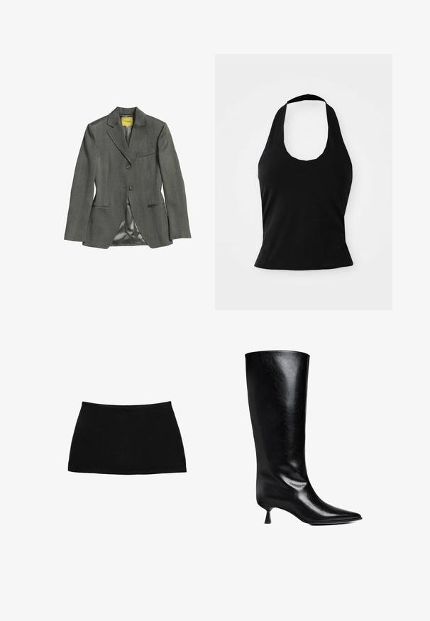 Blazer gris foncé sur mesure avec deux boutons, trois poches avant et doublure en satin à l'intérieur, posé à plat sur un fond blanc.; Haut halter noir en tissu doux, avec un col rond et une silhouette ajustée, à la texture lisse et sans motifs visibles.; Mini-jupe noire en coton avec une taille ajustée. Texture lisse, design simple et ourlet droit. Pas de motifs ou de pièces métalliques visibles.; Boot en cuir noir, montant jusqu'au genou, avec un bout pointu, une silhouette élancée et un talon carré bas, le tout avec une finition brillante.