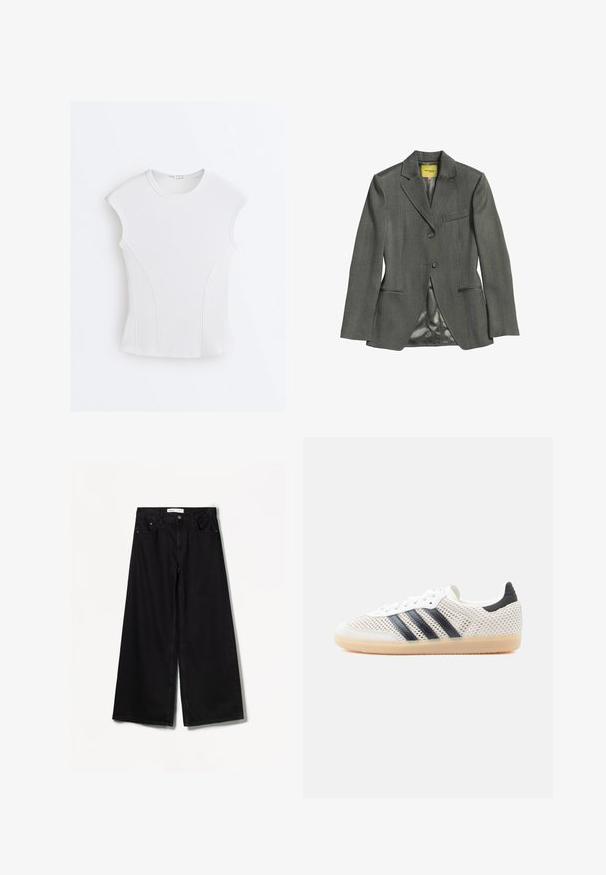 Blazer gris foncé sur mesure avec deux boutons, trois poches avant et doublure en satin à l'intérieur, posé à plat sur un fond blanc.; Haut sans manches blanc côtelé avec encolure ronde et détails de coutures courbes sur un fond blanc uni.; Jean large noir en denim. Doté d'une taille haute, de poches avant et arrière, et d'un matériel argenté sur le bouton et la fermeture éclair.; Baskets en maille blanche avec un design à trois bandes noires, bout arrondi et semelle en caoutchouc gomme. Dotées d'un col de talon souple et d'une fermeture à lacets.