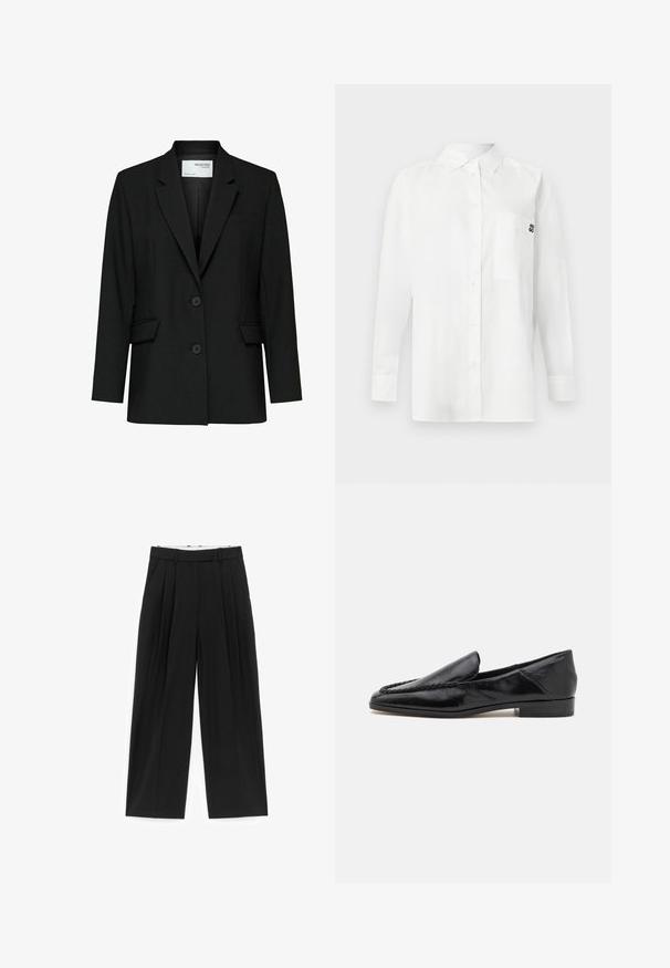 Čierny blazer vyrobený z hladkého materiálu, s režným golierom, dvoma gombíkmi, prednými vreckami a jedným náprsním vreckom.; Biela košeľa s dlhým rukávom vyrobená z bavlneného zmesi, s golierom na gombíky, prednou vreckom a malým čiernym logom na hrudi.; Čierne široké nohavice s prednými záhybmi, pútkami na opasok a vreckami na bokoch, navrhnuté pre priliehavý strih.; Čierne kožené mokasíny s hladkým povrchom, ktoré majú prešívaný dizajn pozdĺž predného okraja a nízky štvorcový podpätok.