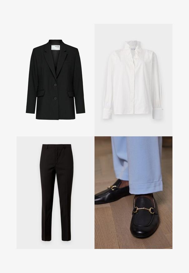 Veste noire en tissu lisse, avec un col cranté, deux boutons, des poches avant et une poche poitrine unique.; Chemisier blanc en coton avec un col volanté, des manches longues bouffantes et un devant boutonné orné de boutons ressemblant à des perles.; Pantalons noirs ajustés avec une coupe droite, fabriqués en tissu lisse, dotés d'une taille plate et de passants de ceinture. Aucun motif ni accent visible.; Mocassins en cuir noir avec un détail en métal doré portés avec un pantalon bleu clair sur un sol en bois.