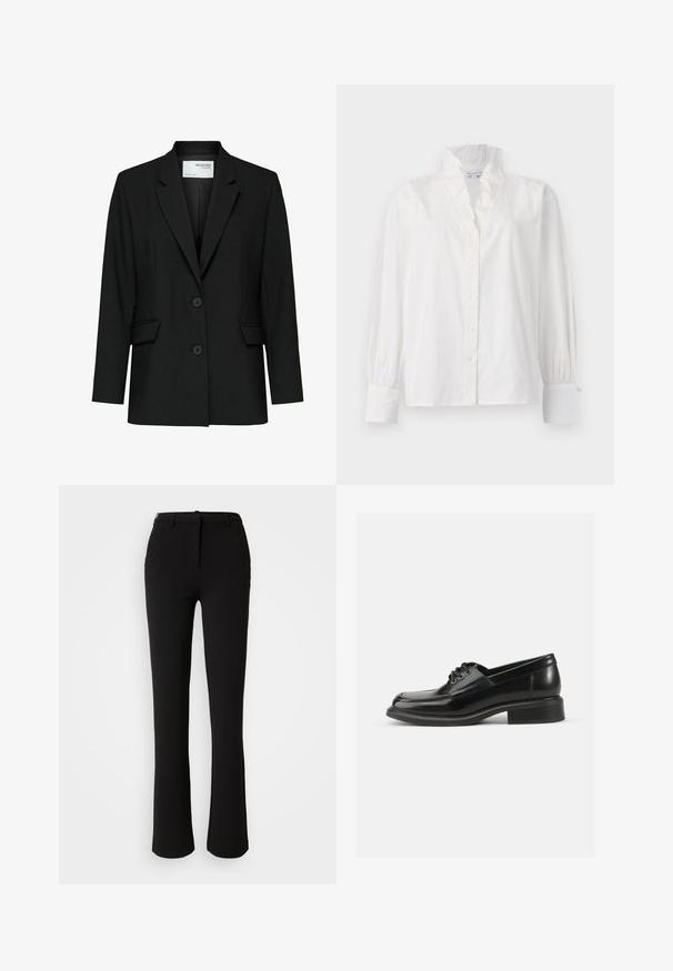 Čierny blazer vyrobený z hladkého materiálu, s režným golierom, dvoma gombíkmi, prednými vreckami a jedným náprsním vreckom.; Biela bavlnená blúzka s volánovým golierom, dlhými nadýchanými rukávmi a gombíkovým zapínaním s gombíkmi podobnými perlám.; Čierne nohavice vyrobené z hladkej tkaniny, s rovnými nohavicami, prednými vreckami a štandardným pásom s pútkom na opasok.; Čierne kožené formálne topánky s hladkým povrchom, okrúhlou špičkou, dvoma očkami na šnurovanie a pevným blokovým podpätkom. Jednoduchý dizajn bez vzorov.