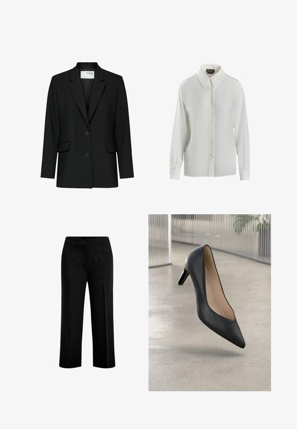 Blazer negro hecho de tela suave, con solapas muescas, dos botones, bolsillos delanteros y un bolsillo en el pecho.; Luisa Spagnoli LIMONAIA - Blusa - panna; Pantalones anchos y negros fabricados en un tejido suave, con dos bolsillos delanteros y una cinturilla plana. Diseño ajustado con una silueta limpia.; Zapato de tacón alto de cuero negro con punta afilada y una silueta elegante, con un tacón bajo y un forro interior suave.