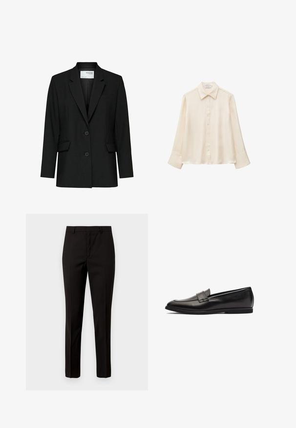 Zwarte blazer van gladde stof, met een notch revers, twee knopen, voorzakken en een enkele borstzak.; Crèmekleurige zijden blouse met lange mouwen, puntkraag en knoopsluiting aan de voorkant, weergegeven op een effen witte achtergrond. Geen zichtbare patronen of ontwerpen.; Zwarte op maat gemaakte broek met een recht pijpontwerp, gemaakt van gladde stof, met een rechte uitvoering aan de voorkant en riemlussen. Geen zichtbare patronen of accenten.; Zwarte leren instapper met een gladde afwerking, ronde neus en dubbele stiksels op de bovenkant. Platte rubberen zool voor comfort.